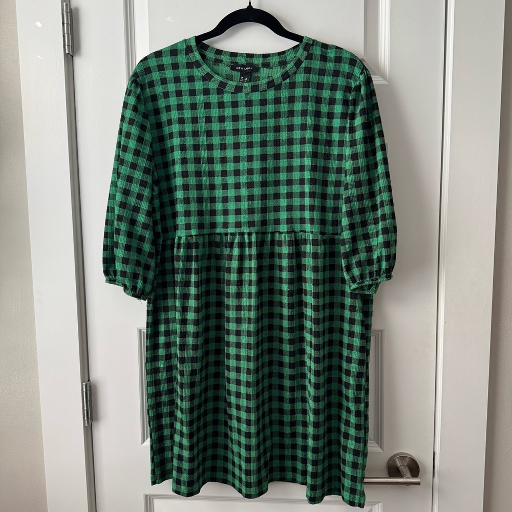 New Look Green Gingham Baby Doll Puff Sleeve Mini Dress